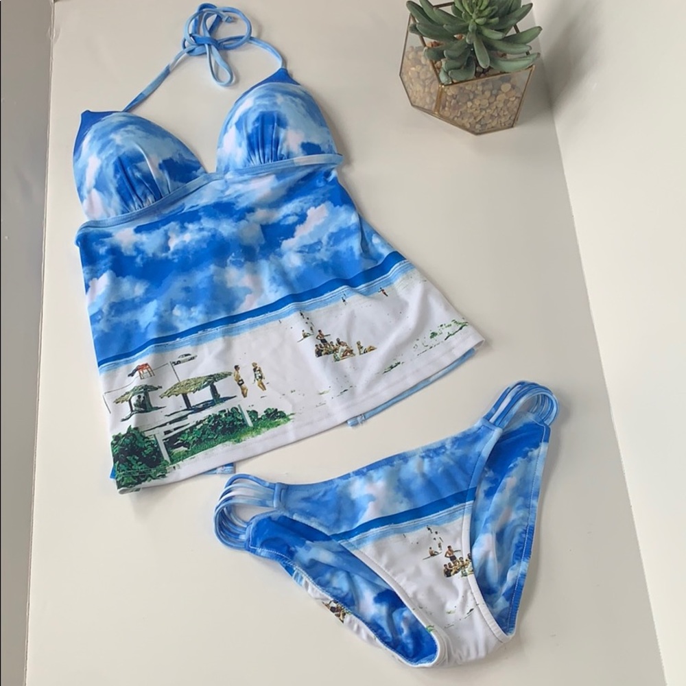 Gossip Women Swim Two-Piece Blue White Cloud Print Tankini Set